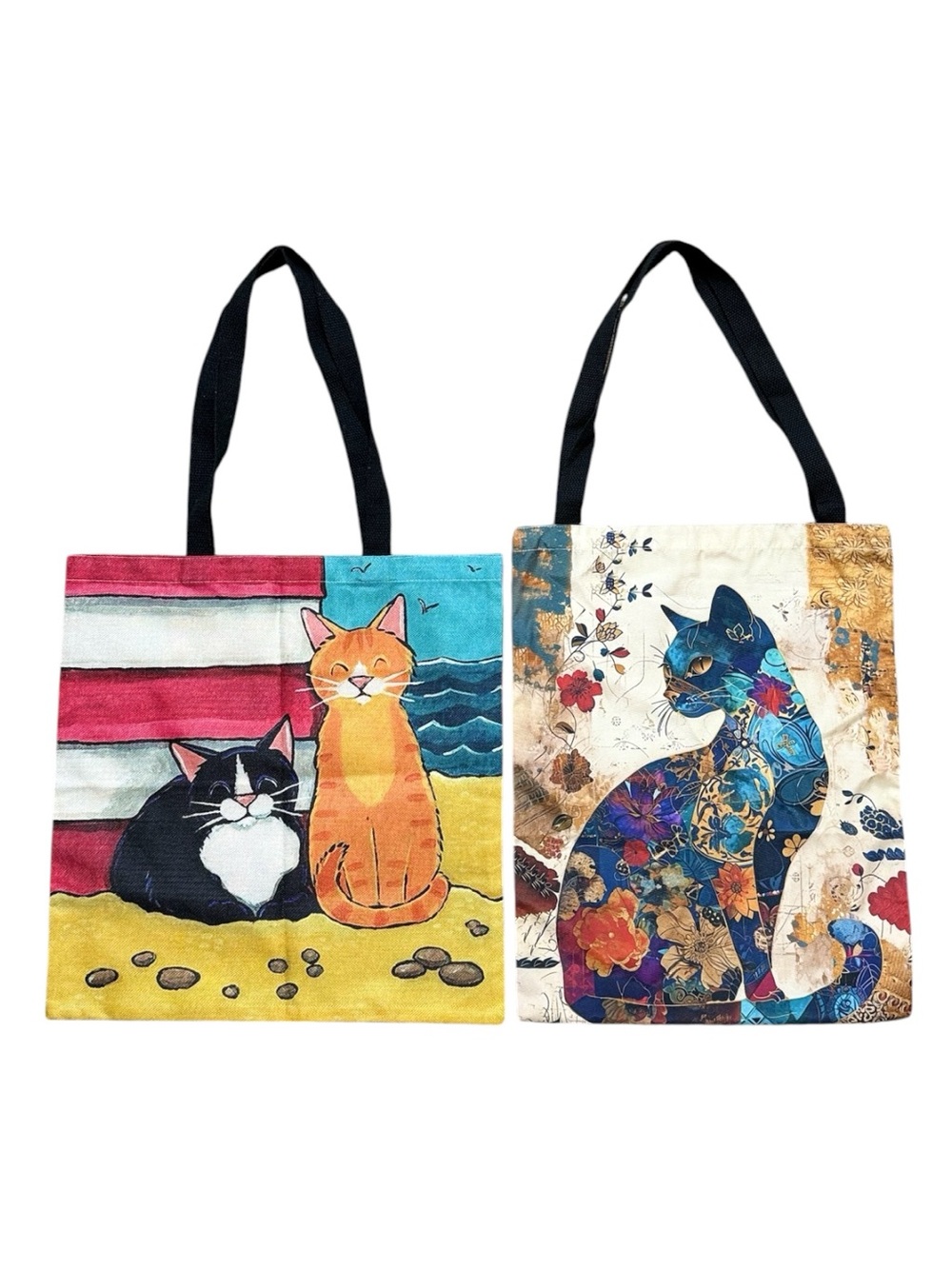 2 Cat Tote Bags Shopping Colorful Bundle Set
